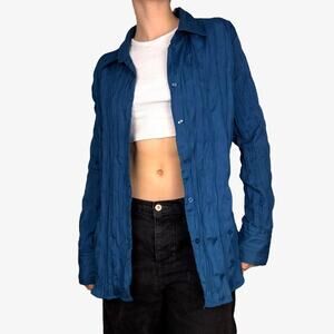 Blue button up shirt crinkle material top y2k, european vintage